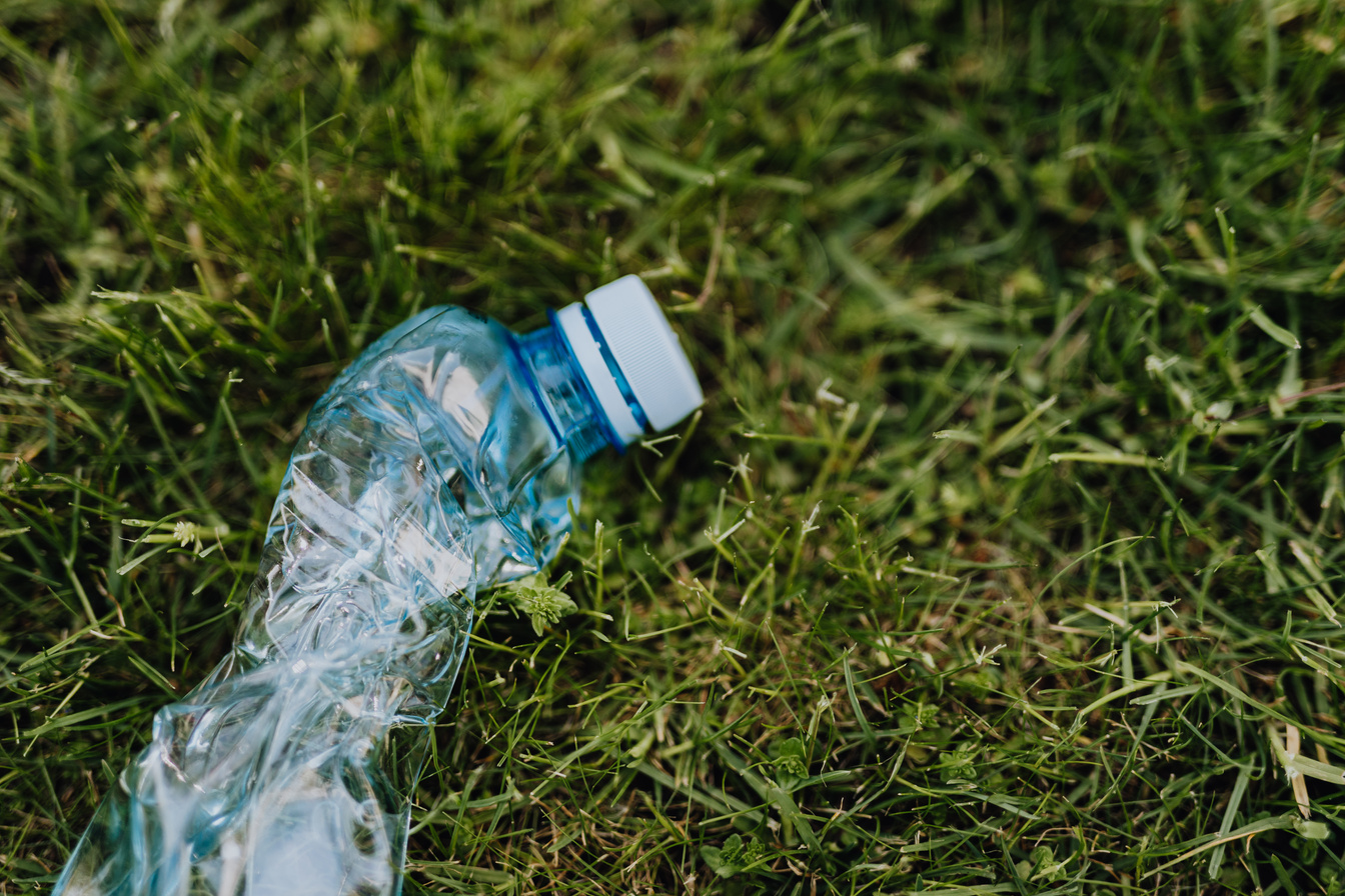 Crushed plastic bottle on green park grass